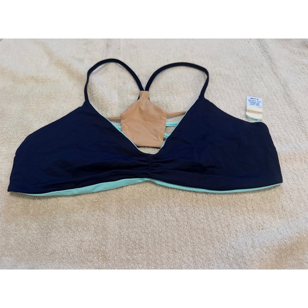 L*Space Reversible Bikini Top Navy Aqua Strappy Racerback D Cup NWOT